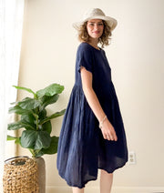 Indigo Crinkled Cotton Midi Dress