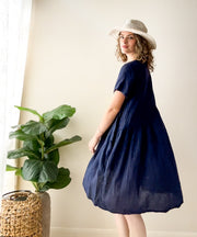 Indigo Crinkled Cotton Midi Dress