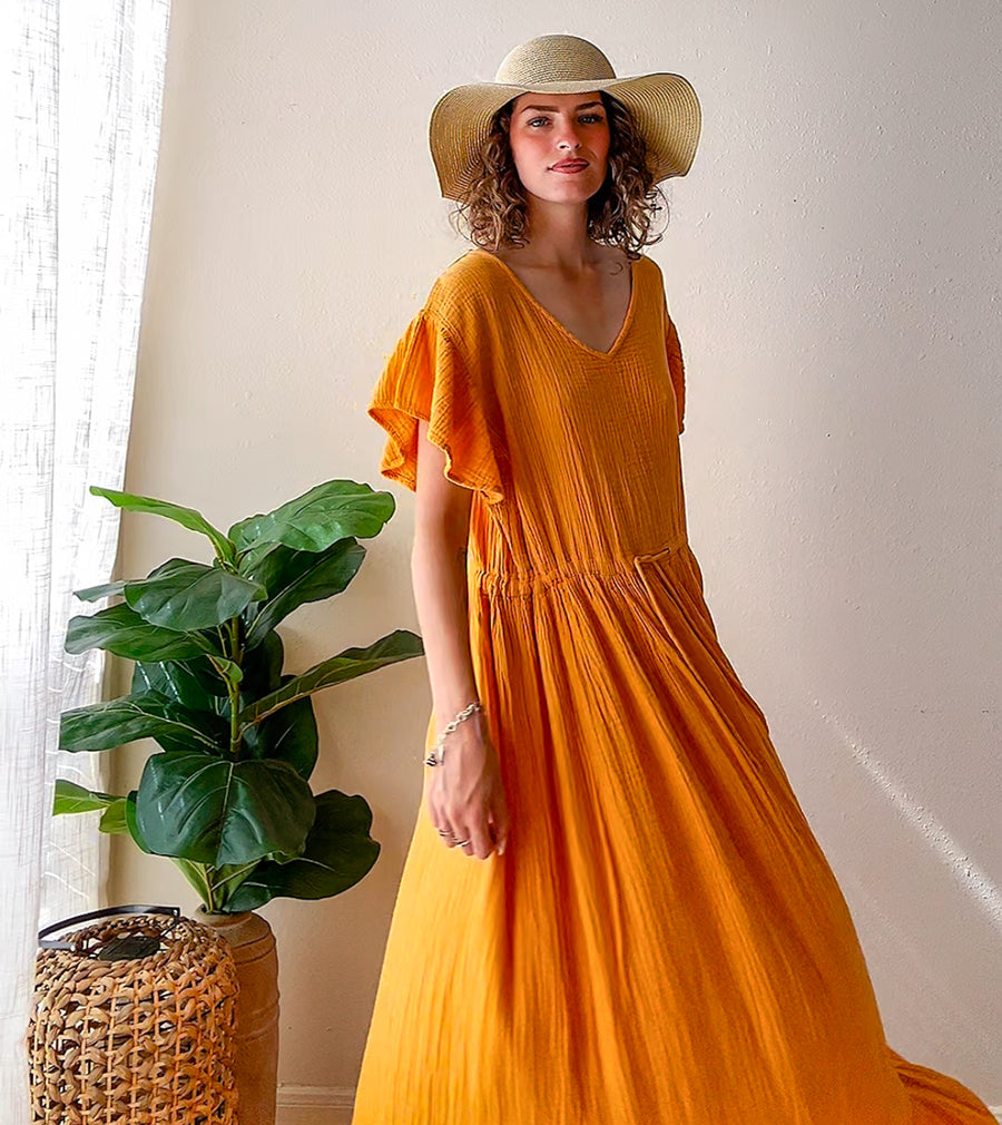 Golden Marigold Organic Triple Gauze Cotton Maxi Dress