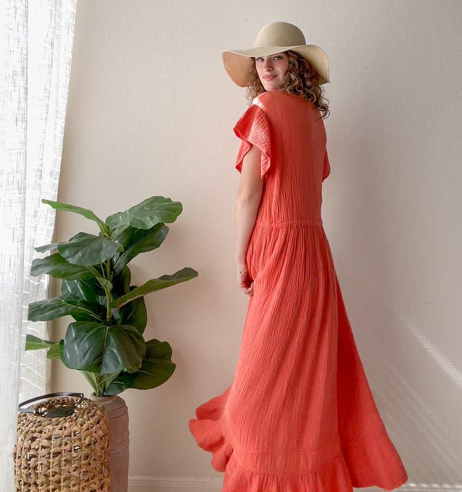 Terracotta Coral Organic Triple Gauze Maxi Dress