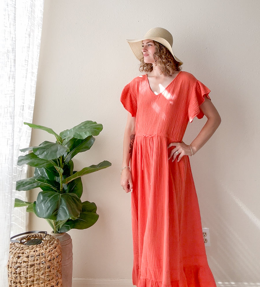 Terracotta Coral Organic Triple Gauze Maxi Dress