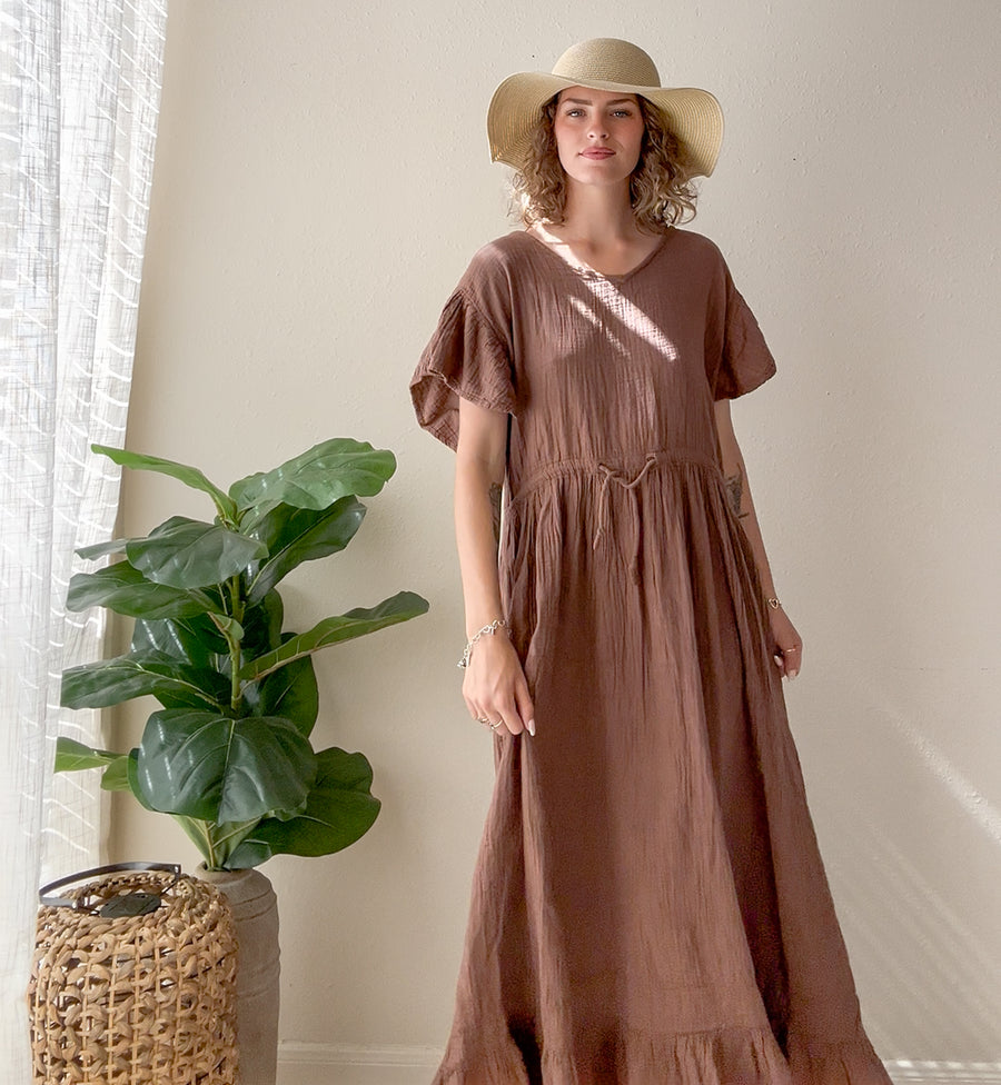 Earthstone Brown Triple Gauze Maxi Dress