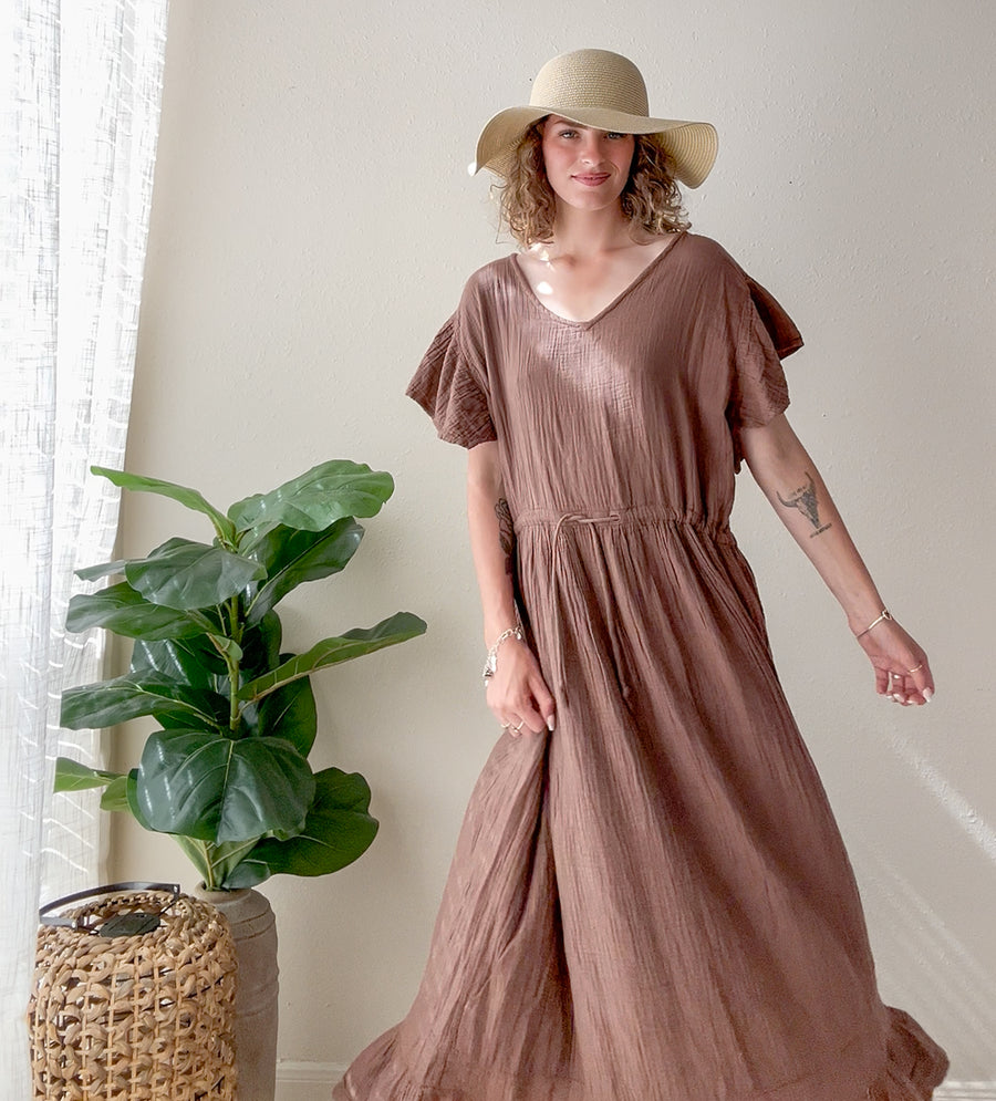 Earthstone Brown Triple Gauze Maxi Dress