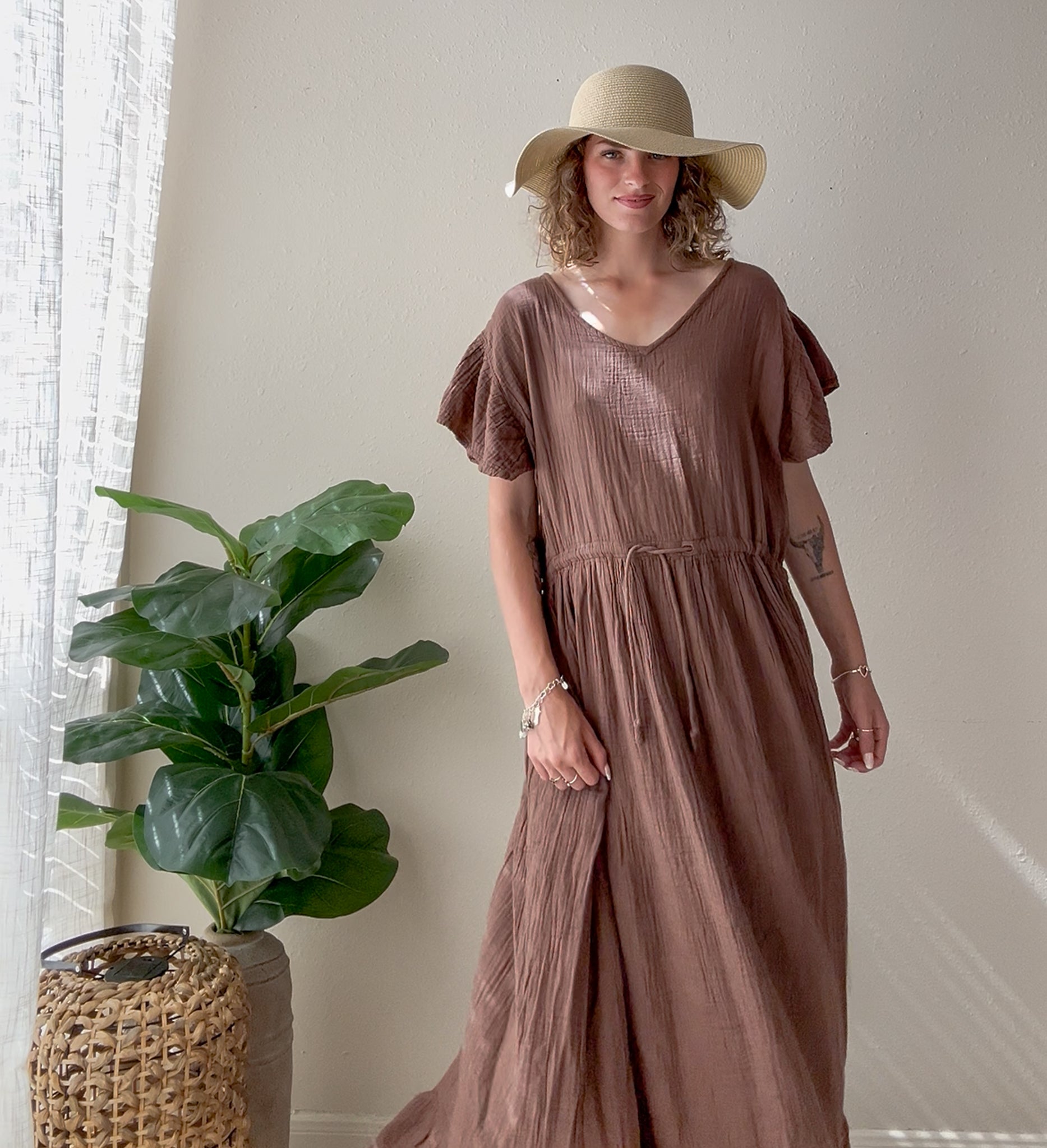 Earthstone Brown Triple Gauze Maxi Dress