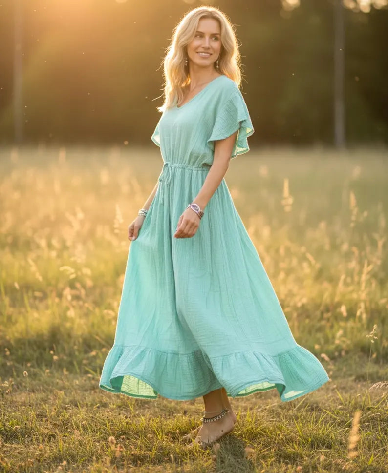 Seafoam Ease Boho Cotton Maxi Dress | Double Gauze | Flowy Minimalist Fit