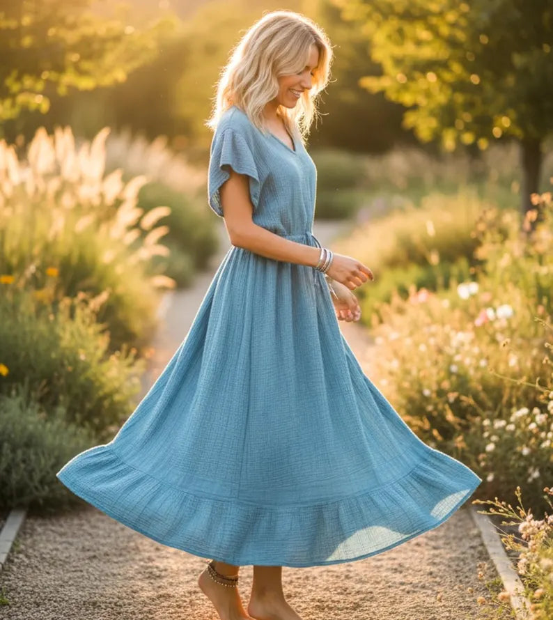 Ocean Breeze Organic Double Gauze Maxi Dress
