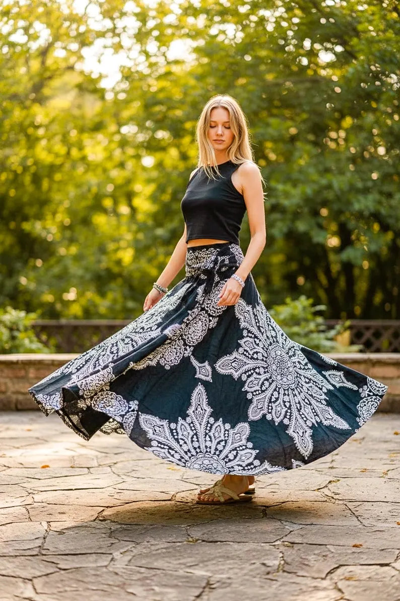 Boho Maxi Skirt – Black Mandala Print, Flowing Fit, Lightweight