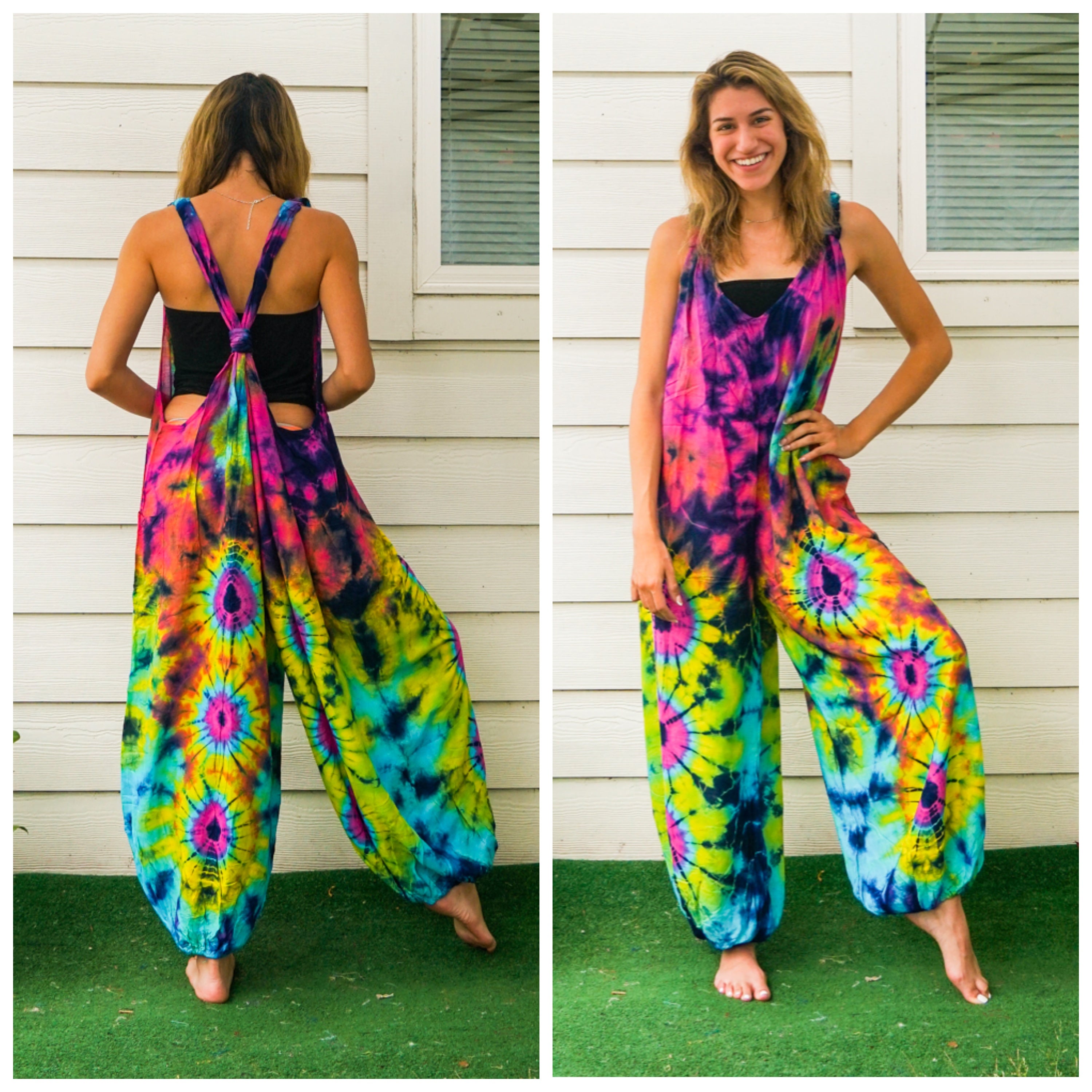 Mandala Pink Eye Hand Dyed  Hippie Racerback Dungarees Jumpsuit Romper