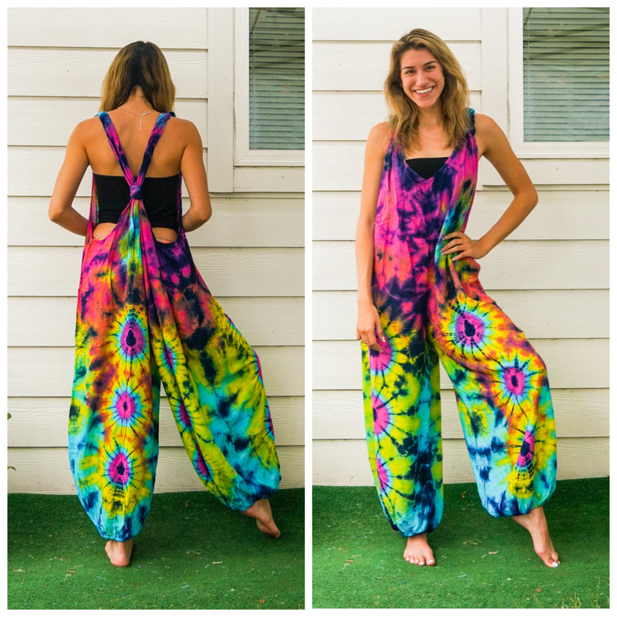Mandala Pink Eye Hand Dyed  Hippie Racerback Dungarees Jumpsuit Romper
