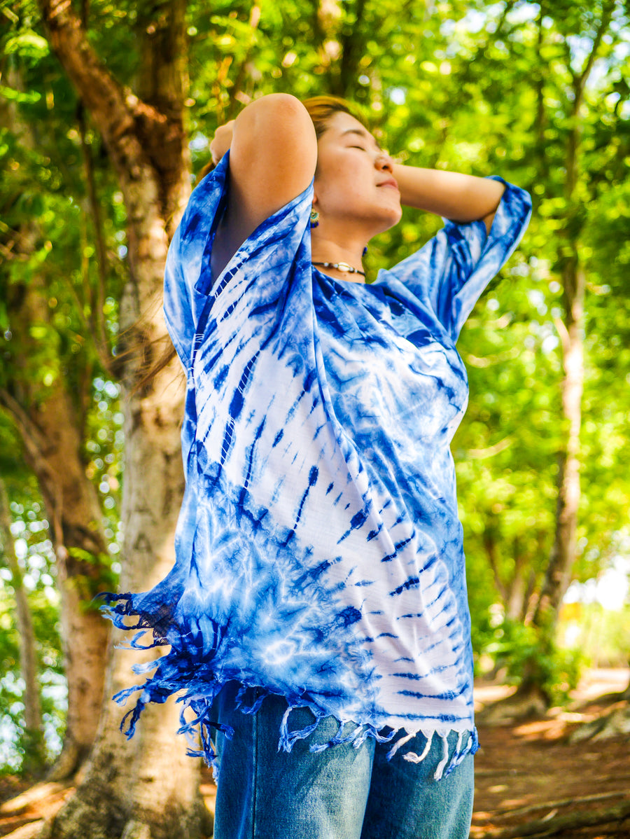 Indigo Wave Hand Dyed Tunic Kaftan Blouse Oversize Top