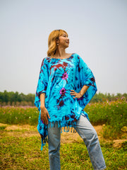 Turquoise Blossom Tie Dye Poncho Hand Dyed Tunic Kaftan Blouse Oversize Top