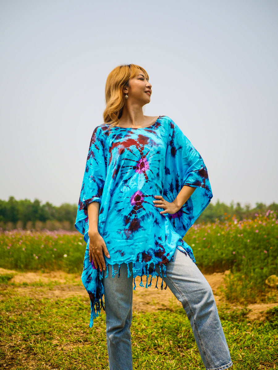 Turquoise Blossom Tie Dye Poncho Hand Dyed Tunic Kaftan Blouse Oversize Top