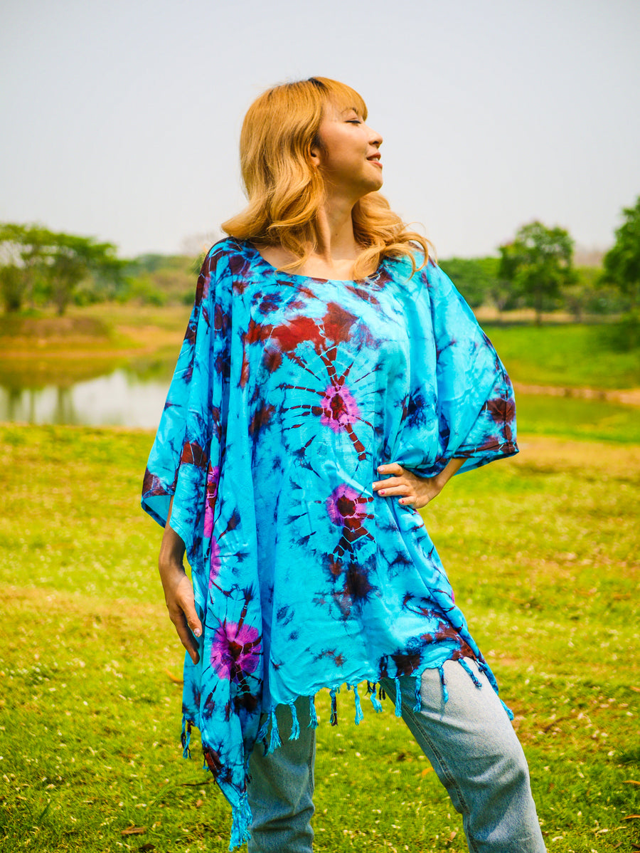 Turquoise Blossom Tie Dye Poncho Hand Dyed Tunic Kaftan Blouse Oversize Top