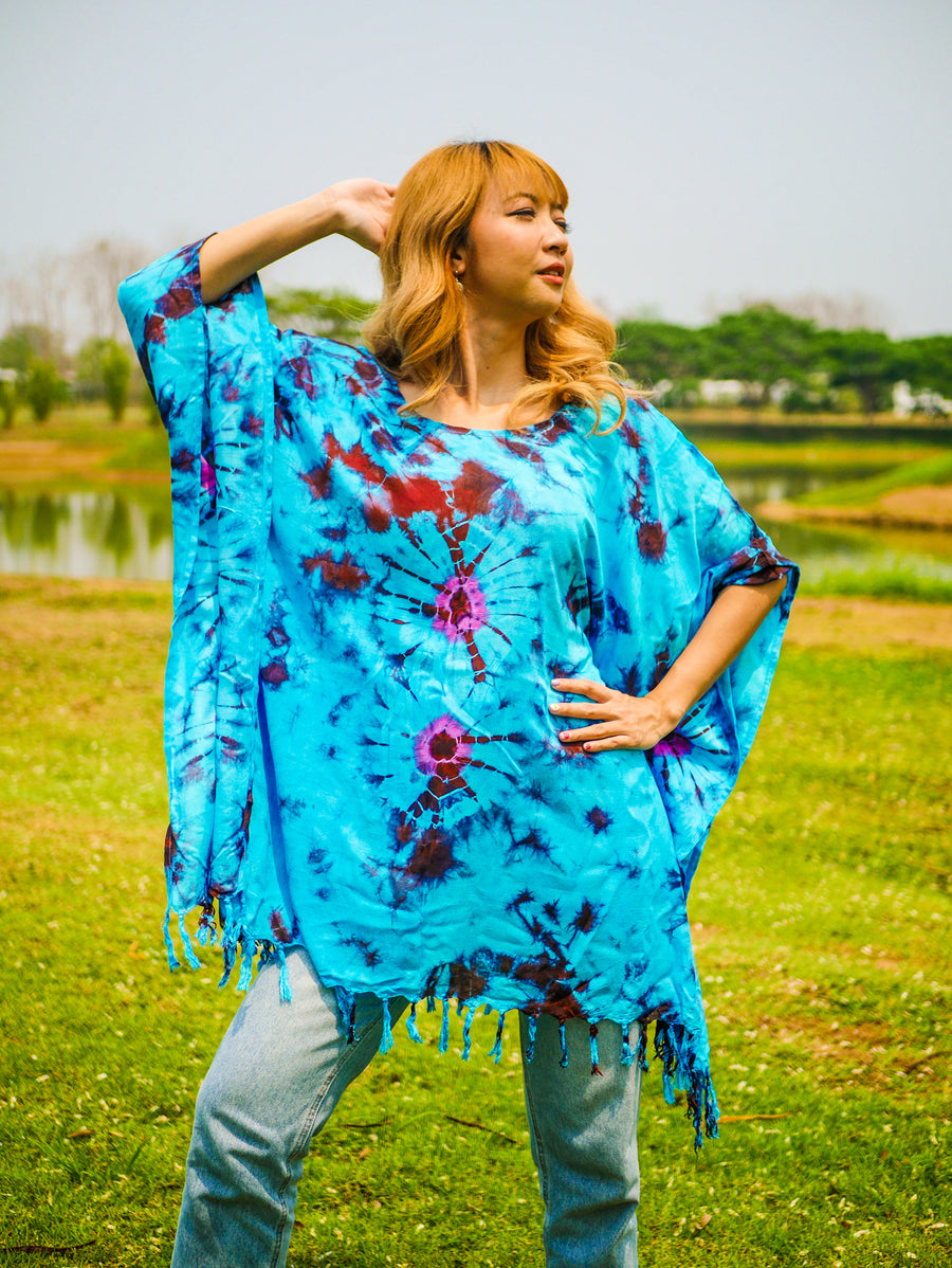 Turquoise Blossom Tie Dye Poncho Hand Dyed Tunic Kaftan Blouse Oversize Top