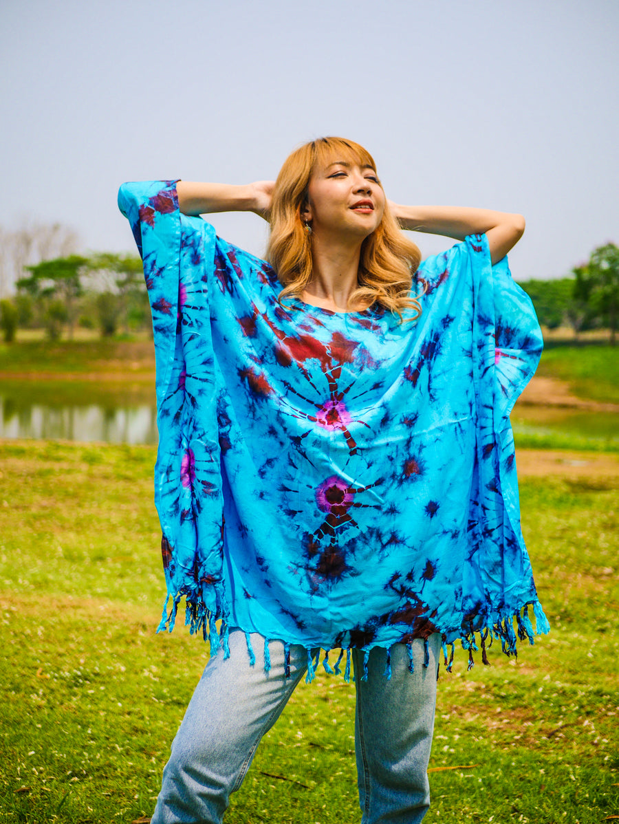 Turquoise Blossom Tie Dye Poncho Hand Dyed Tunic Kaftan Blouse Oversize Top
