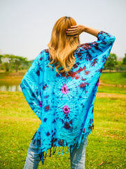 Turquoise Blossom Tie Dye Poncho Hand Dyed Tunic Kaftan Blouse Oversize Top
