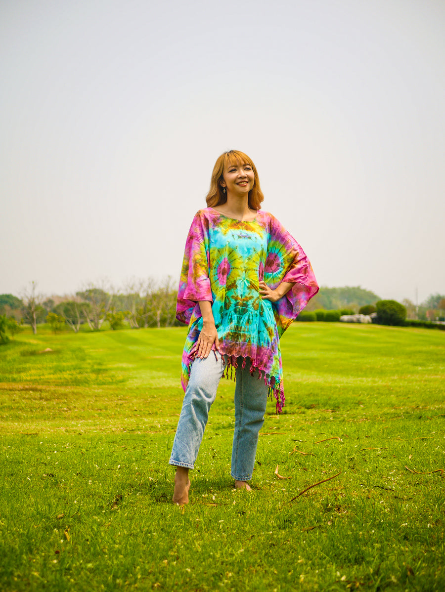 Radiant Aurora Poncho Hand Dyed Tunic Kaftan Blouse Oversize Top