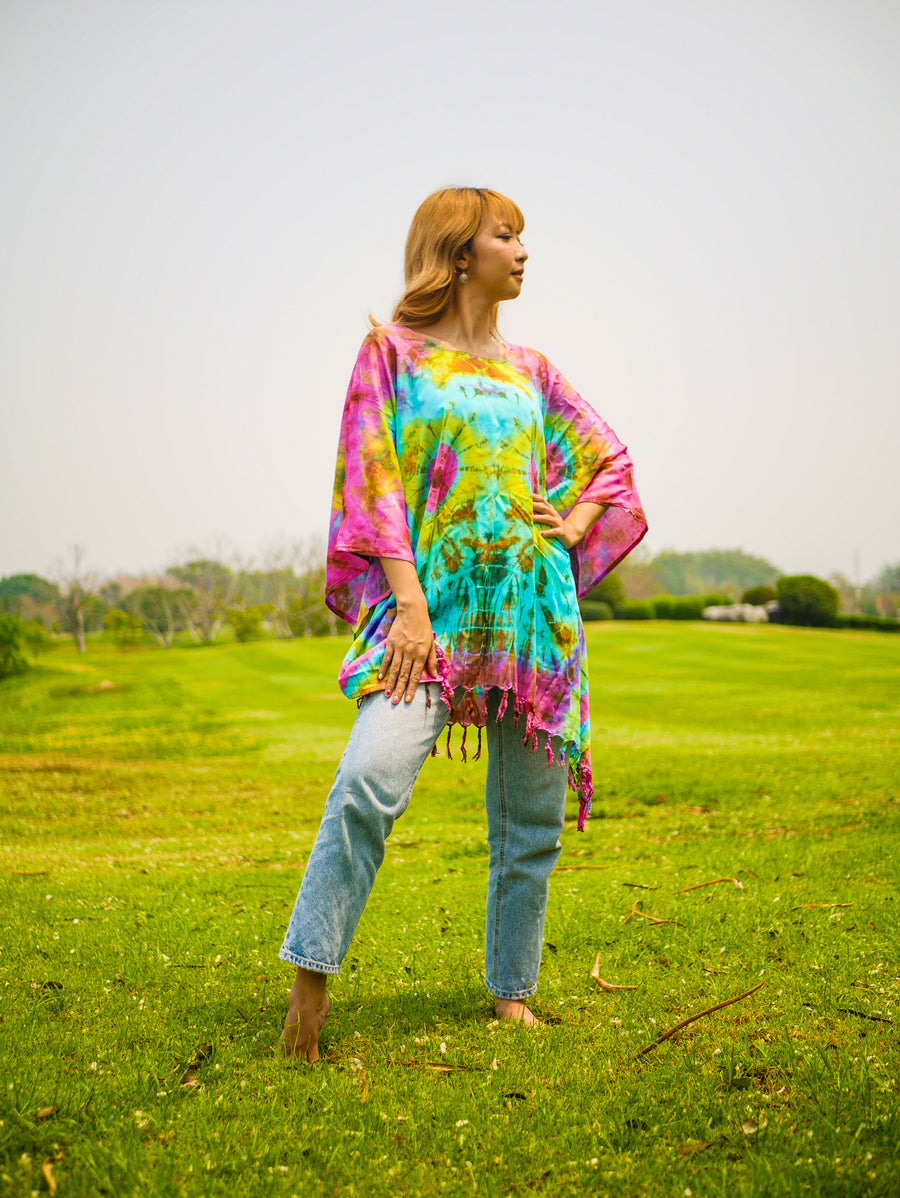 Radiant Aurora Poncho Hand Dyed Tunic Kaftan Blouse Oversize Top