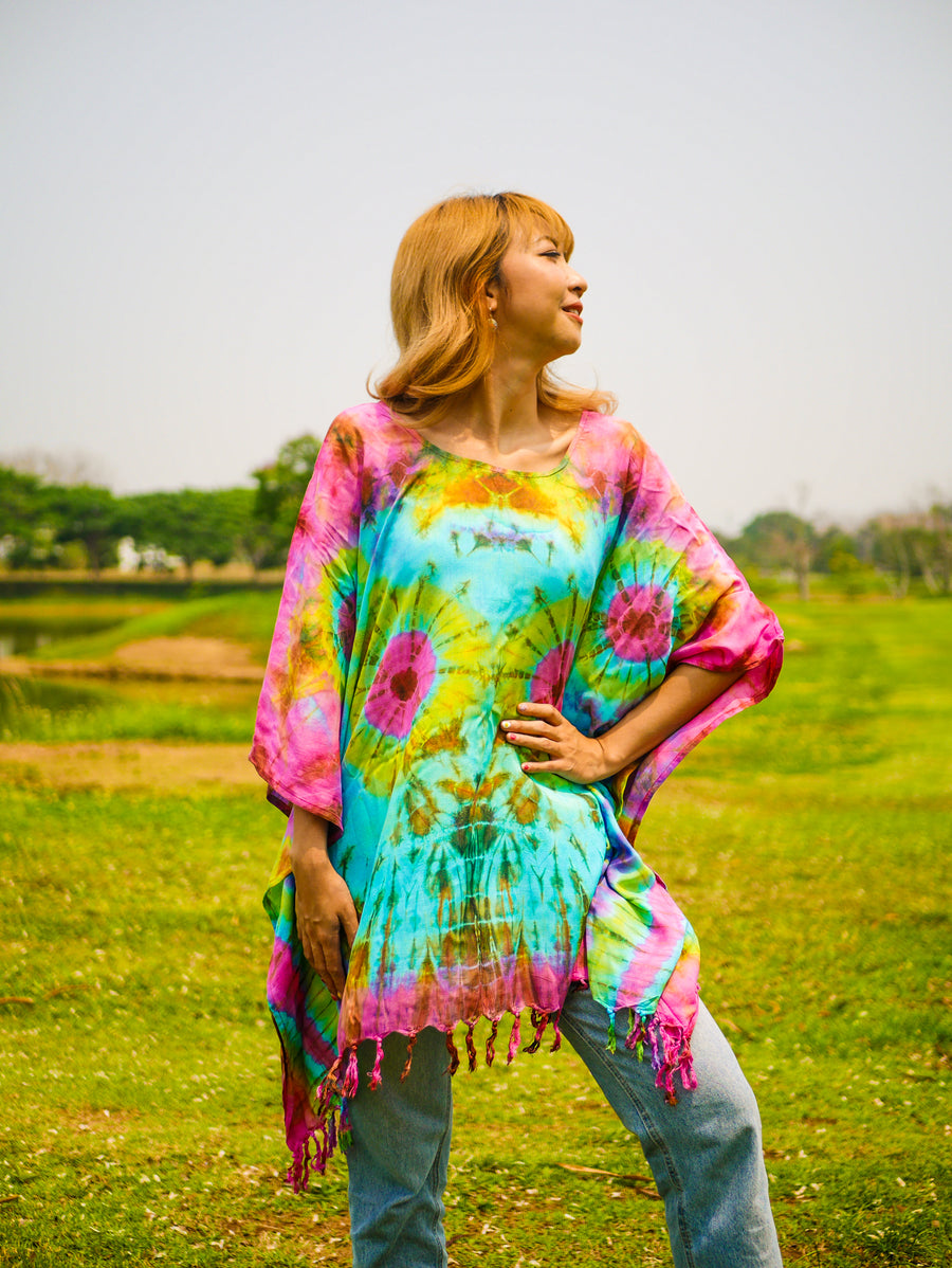 Radiant Aurora Poncho Hand Dyed Tunic Kaftan Blouse Oversize Top