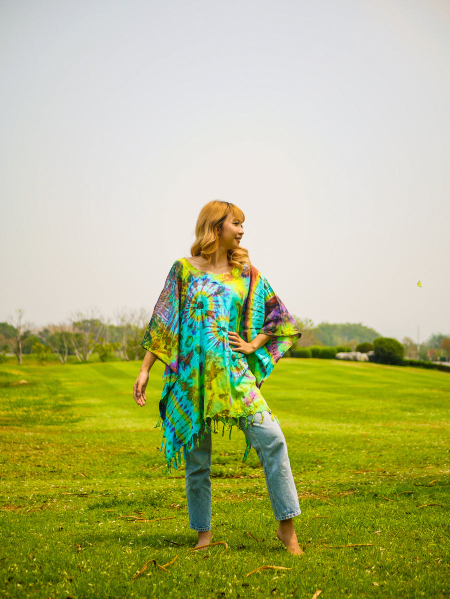 Dancing Colors Poncho Hand Dyed Tunic Kaftan Blouse Oversize Top