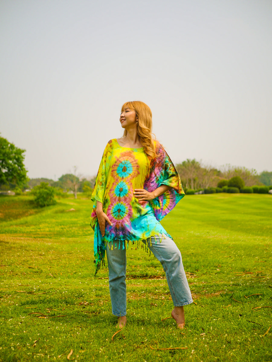 Electric Prism Poncho Hand Dyed Tunic Kaftan Blouse Oversize Top