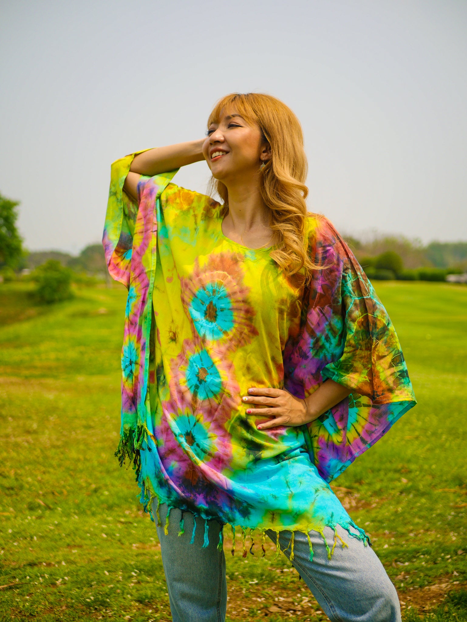 Electric Prism Poncho Hand Dyed Tunic Kaftan Blouse Oversize Top