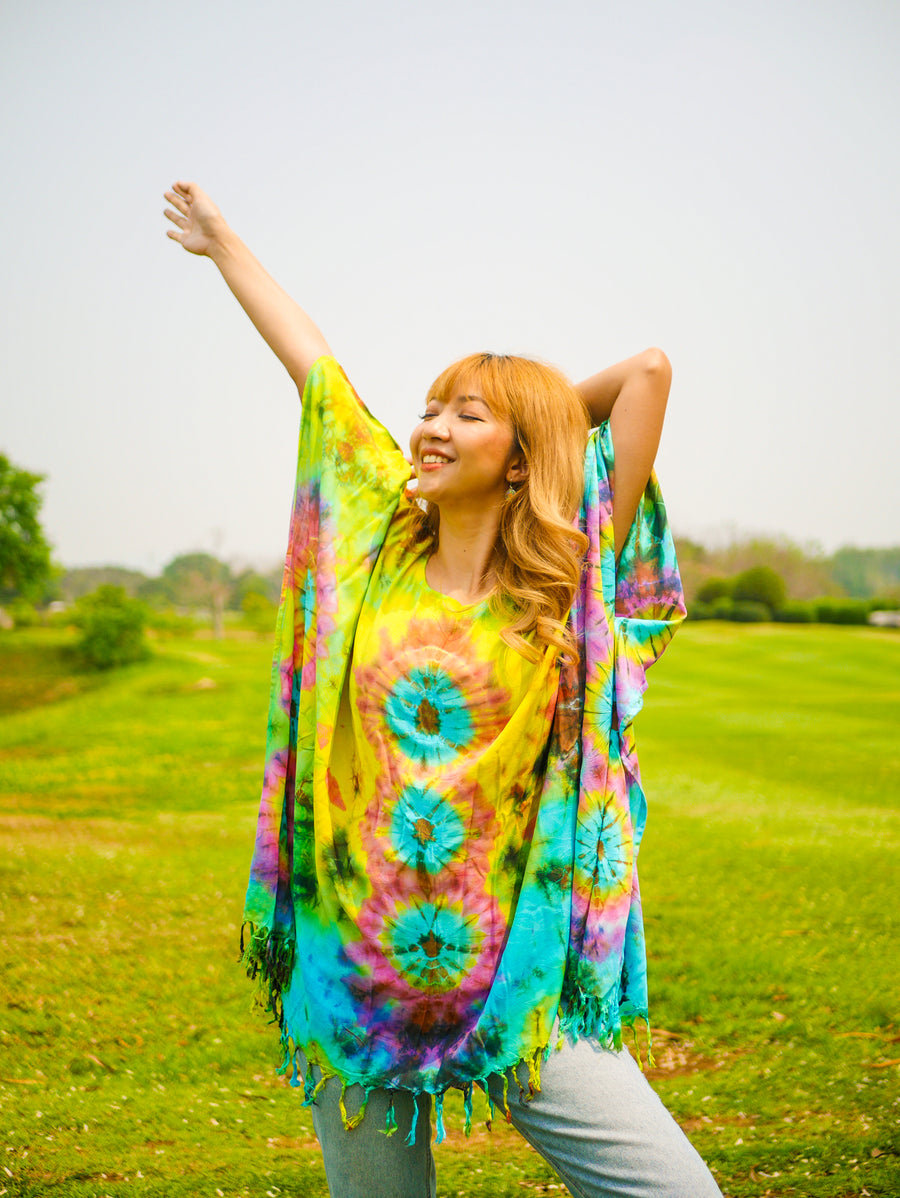 Electric Prism Poncho Hand Dyed Tunic Kaftan Blouse Oversize Top