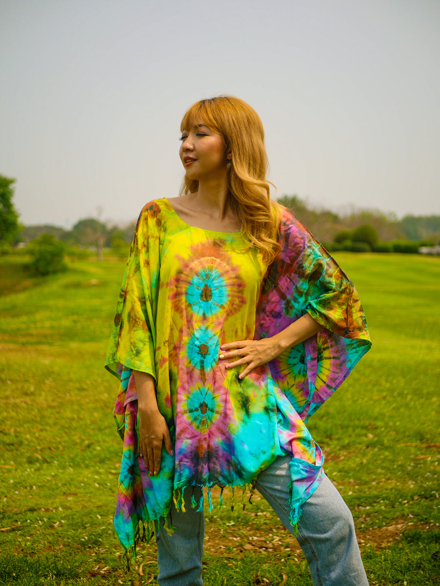 Electric Prism Poncho Hand Dyed Tunic Kaftan Blouse Oversize Top