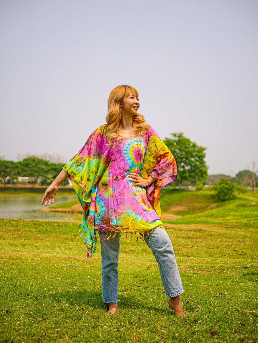 Vibrant Horizon Poncho Hand Dyed Tunic Kaftan Blouse Oversize Top