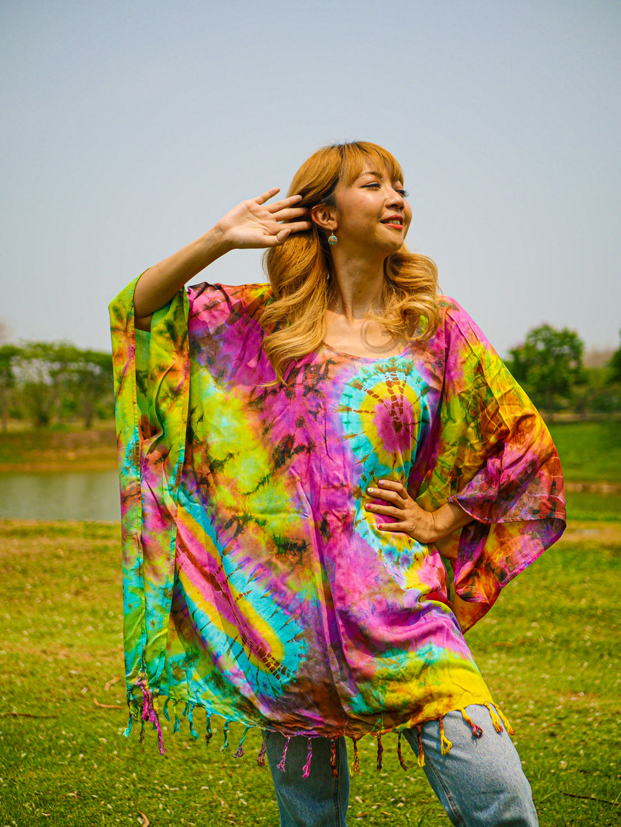 Vibrant Horizon Poncho Hand Dyed Tunic Kaftan Blouse Oversize Top