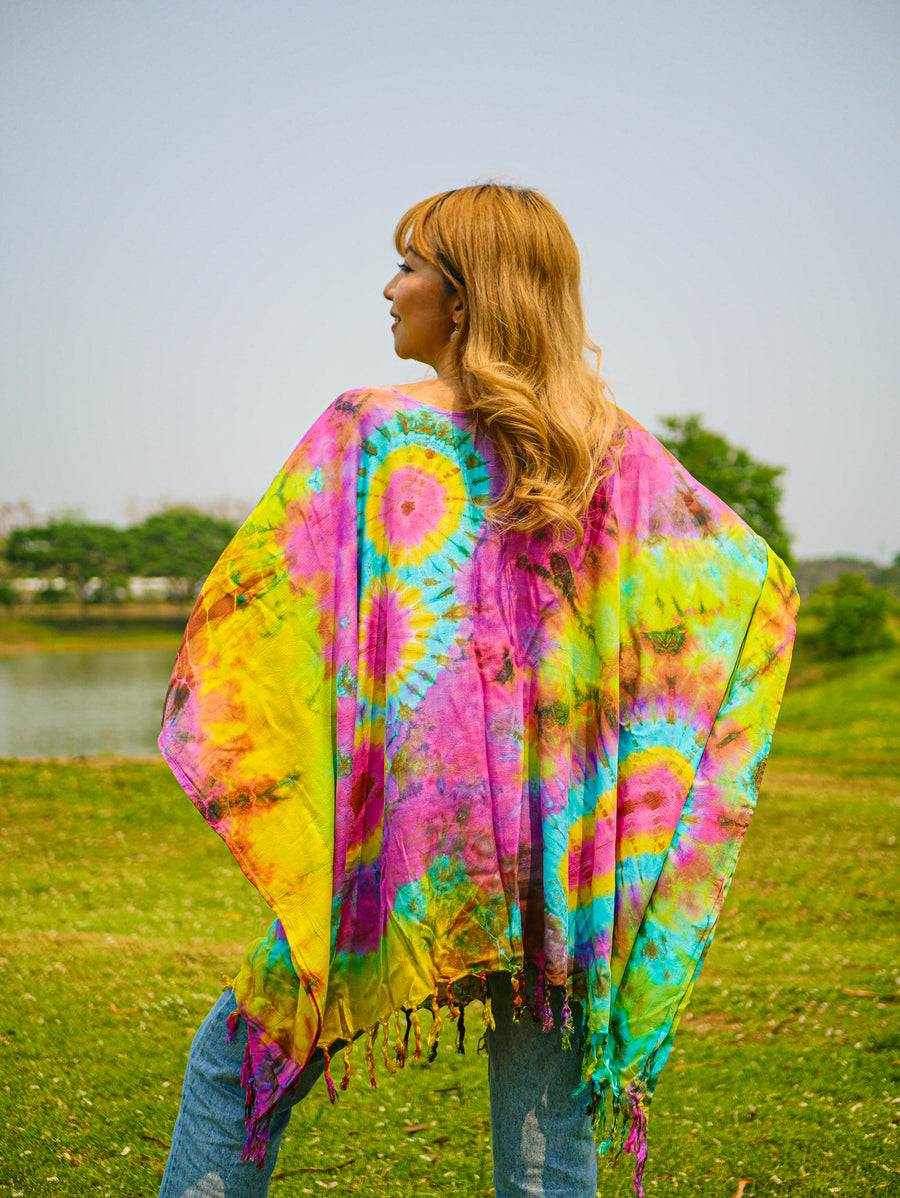 Vibrant Horizon Poncho Hand Dyed Tunic Kaftan Blouse Oversize Top