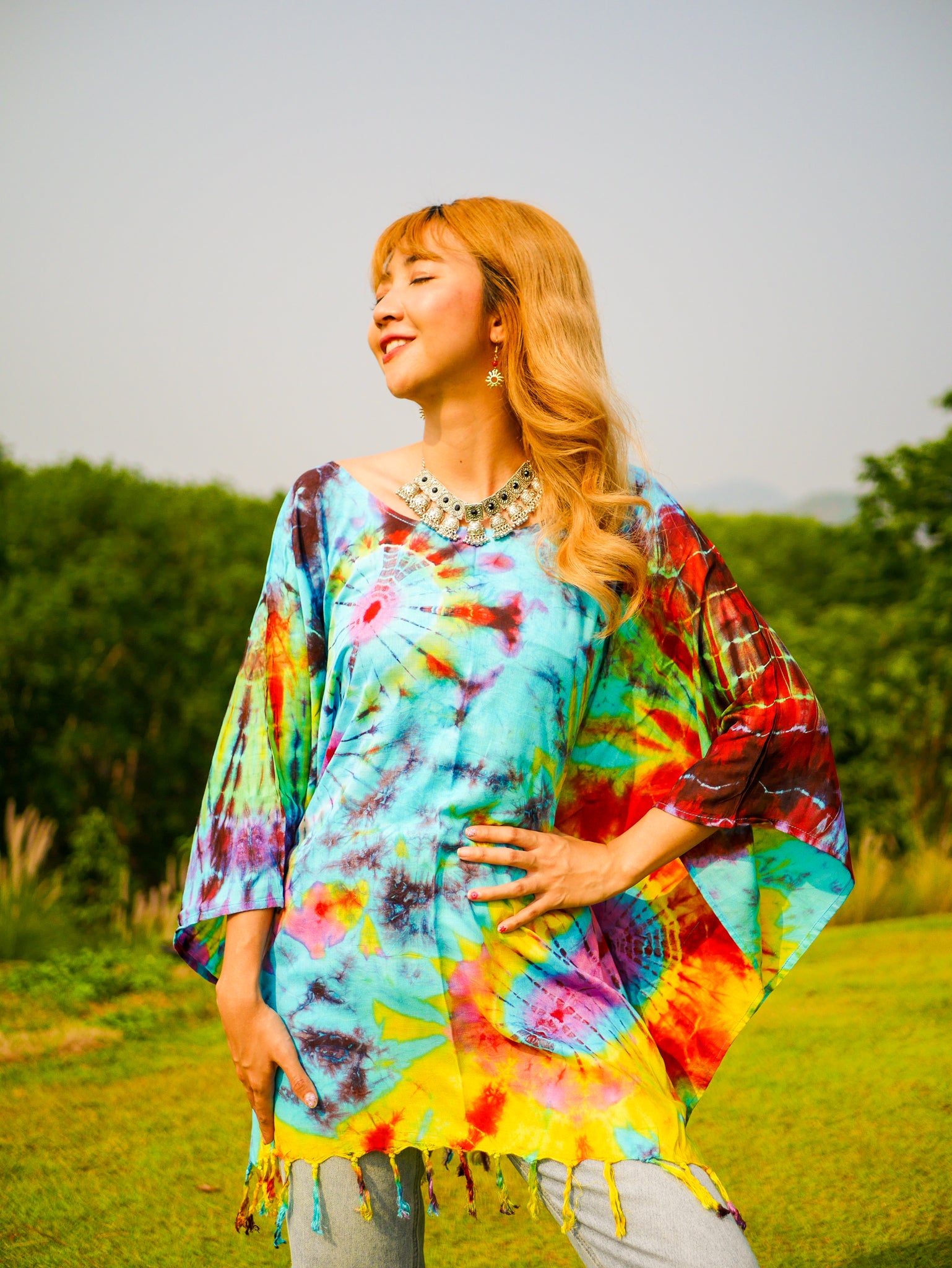 Boho Bliss Poncho Hand Dyed Tunic Kaftan Blouse Oversize Top