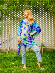 Vibrant Peacock Tie Dye Poncho Hand Dyed Tunic Kaftan Blouse Oversize Top