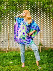 Vibrant Peacock Tie Dye Poncho Hand Dyed Tunic Kaftan Blouse Oversize Top