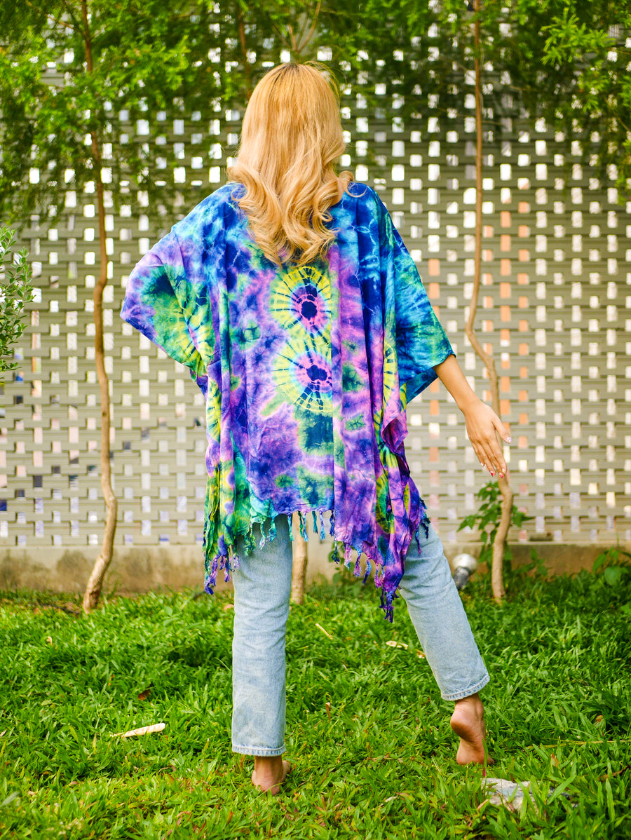 Vibrant Peacock Tie Dye Poncho Hand Dyed Tunic Kaftan Blouse Oversize Top