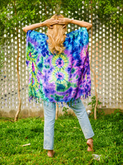 Vibrant Peacock Tie Dye Poncho Hand Dyed Tunic Kaftan Blouse Oversize Top