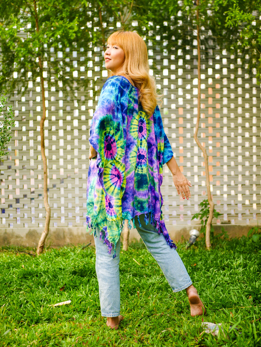 Vibrant Peacock Tie Dye Poncho Hand Dyed Tunic Kaftan Blouse Oversize Top
