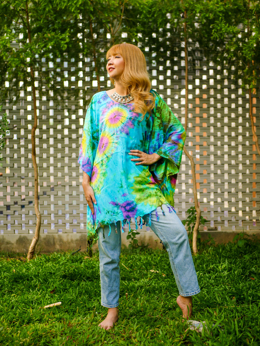 Tropical Tide Poncho Hand Dyed Tunic Kaftan Blouse Oversize Top