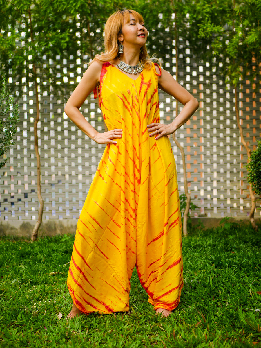 Golden Sunburst Hand Dyed Wide Leg Boho Hippie Jumpsuits Rompers Pants