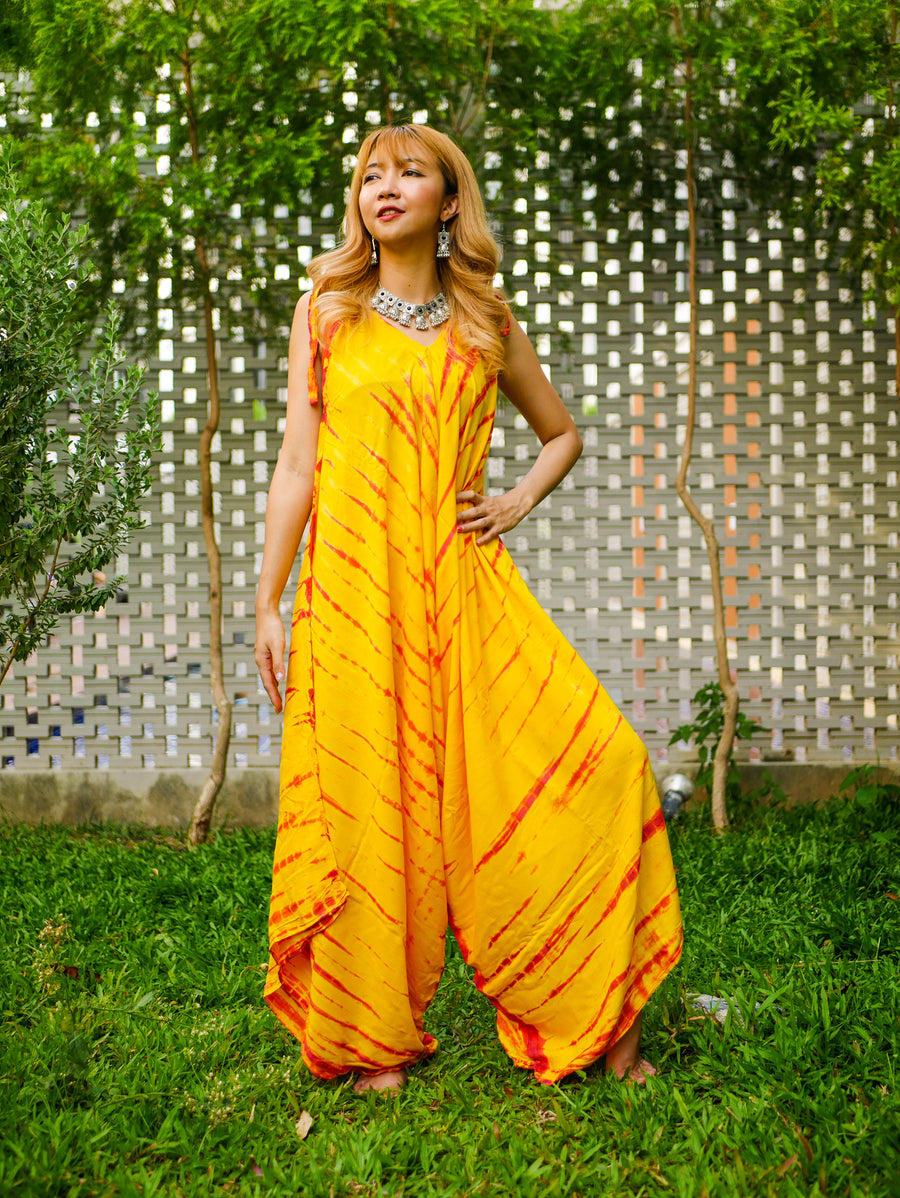 Golden Sunburst Hand Dyed Wide Leg Boho Hippie Jumpsuits Rompers Pants