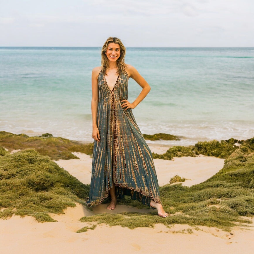 Earthy Forest Green Tie Dye Maxi Dress