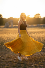 Golden Sun Mustard Yellow Raw Crinkled Organic Cotton Gauze Tiered Maxi Skirt