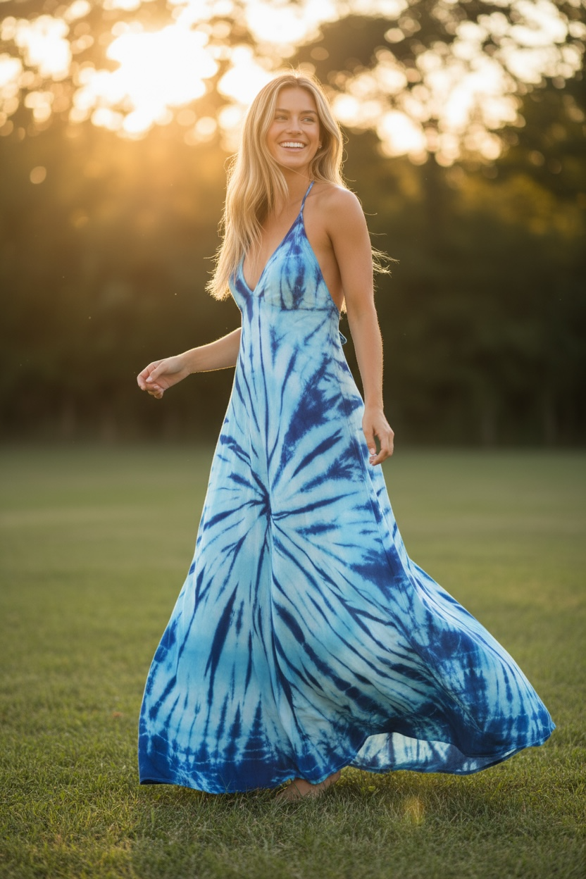 Ocean Breeze Blue Tie Dye Maxi Dress