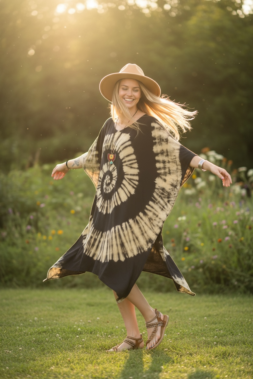 Eclipse Swirl Tie Dye Kaftan Dress – Boho Oversized Caftan, Loose Fit Beach Cover Up