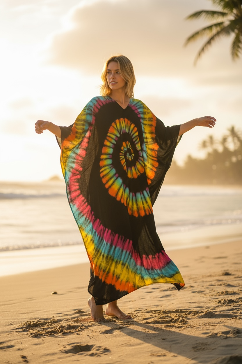 Solar Eclipse Tie Dye Kaftan – Black Boho Spiral Maxi Dress (S–3XL)