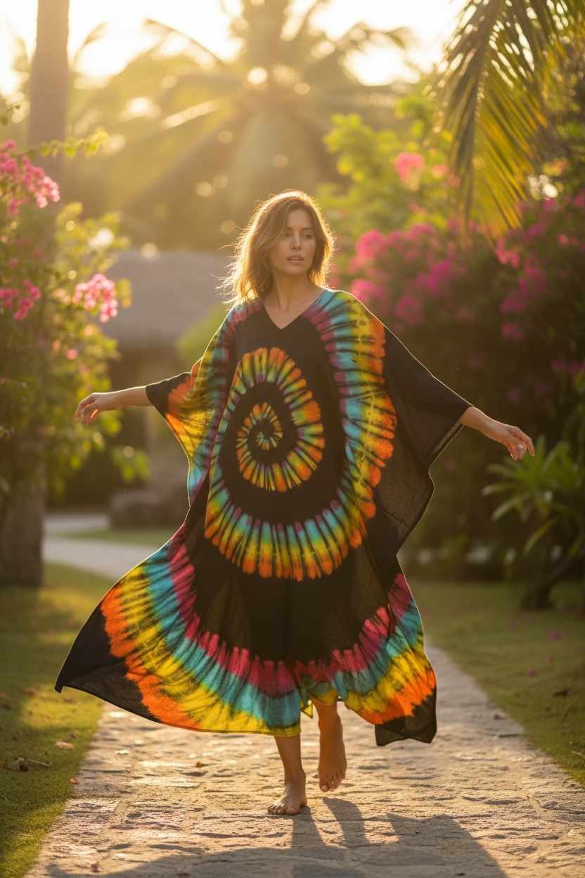 Solar Eclipse Tie Dye Kaftan – Black Boho Spiral Maxi Dress (S–3XL)