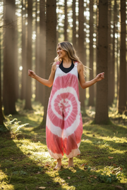 Tie Dye Dungarees Romper – Boho Loose Fit Cotton One Piece, Pink Spiral Festival Outfit