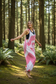 Tie Dye Dungarees Romper – Boho Loose Fit Cotton One Piece, Pink Spiral Festival Outfit