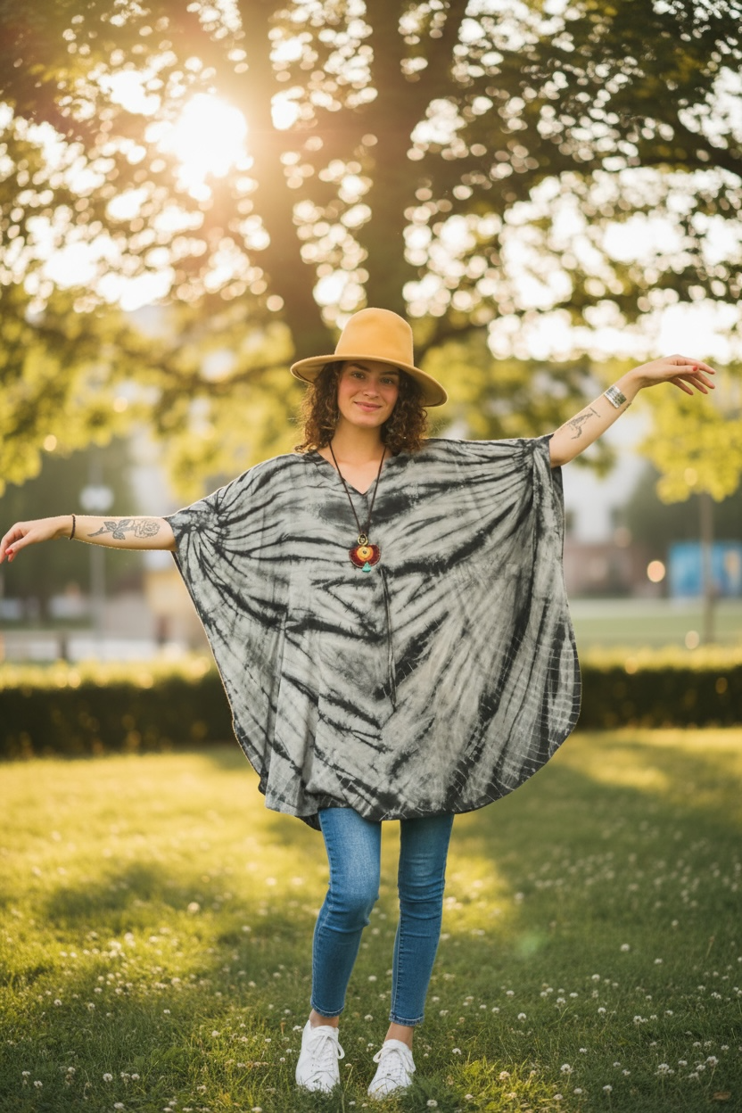 Stone Shadow Tie Dye Kaftan – Black & Gray Boho Oversized Dress (S–3XL)