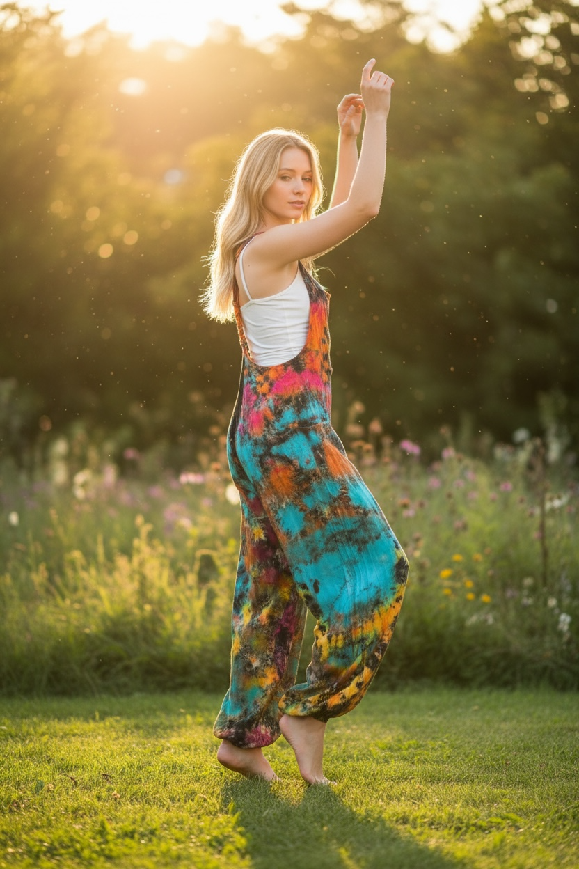 Flowerchild Drift Tie Dye Jumpsuit | Hand Dyed Rayon Boho Dungarees